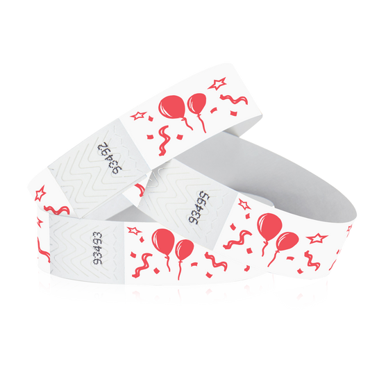 3/4" Red Balloons Tyvek® Wristband white wristbands with red colored balloons and stars with party streamers